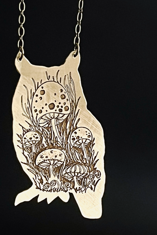 Owl Silhouette Necklace With Forest Mushrooms