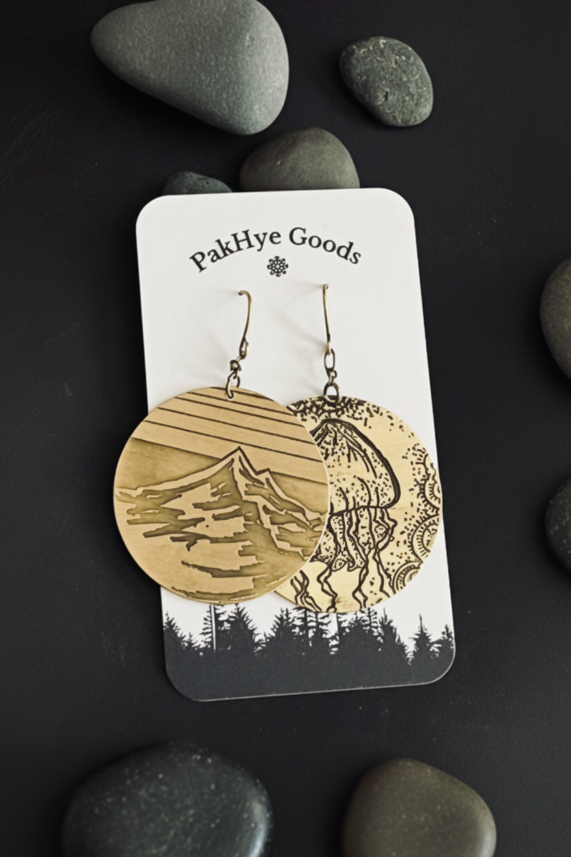 Mount Hood & Jellyfish Mismatched Brass Statement Earrings