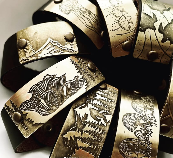Large Leather & Etched Brass Bracelet